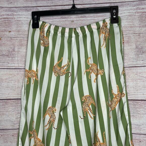 Room Service Wide Leg Crop Cheetah Green White Tropical Pajama Pants Size Small - Picture 3 of 8